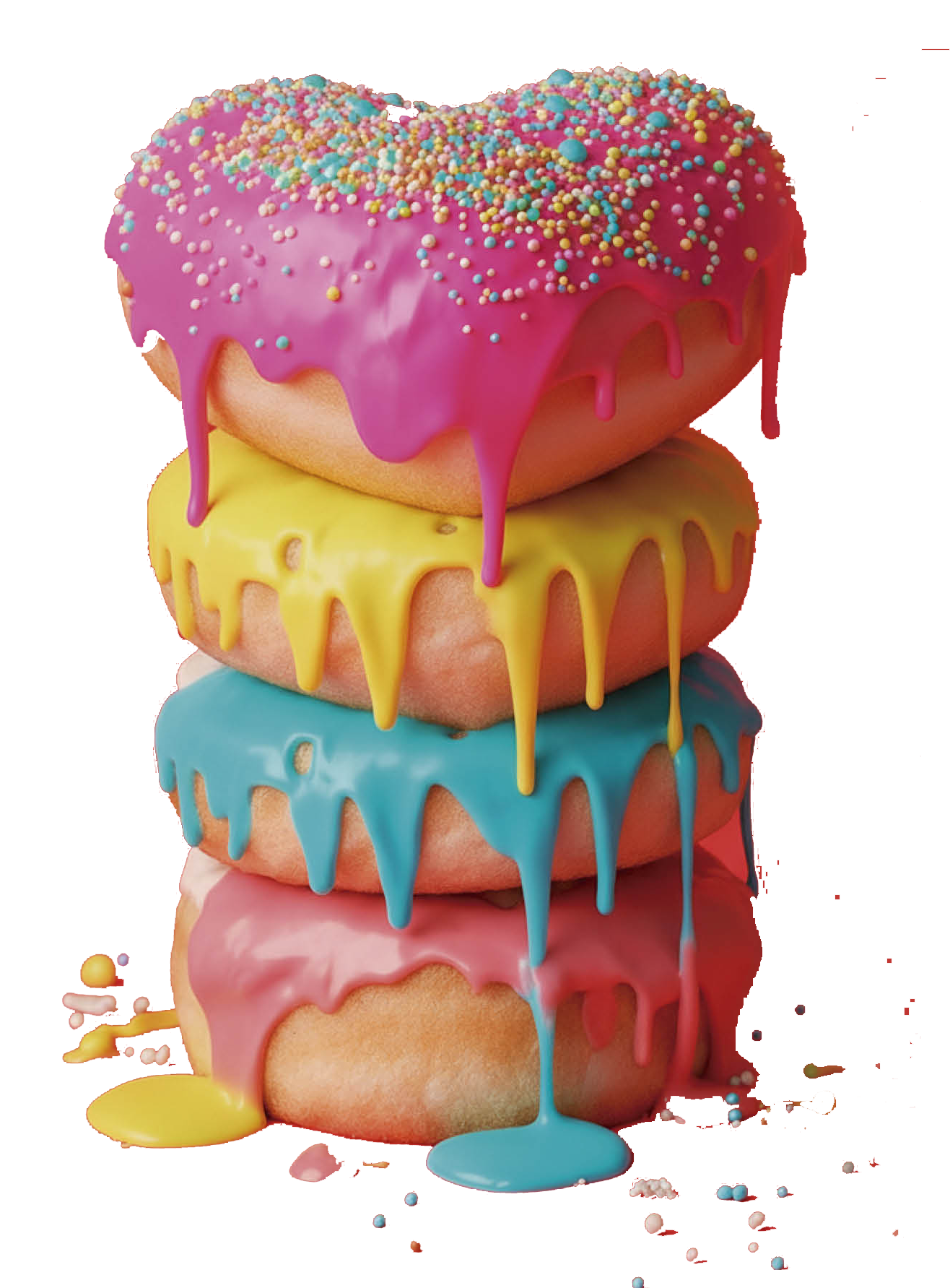 Colorful stacked donuts with dripping frosting
